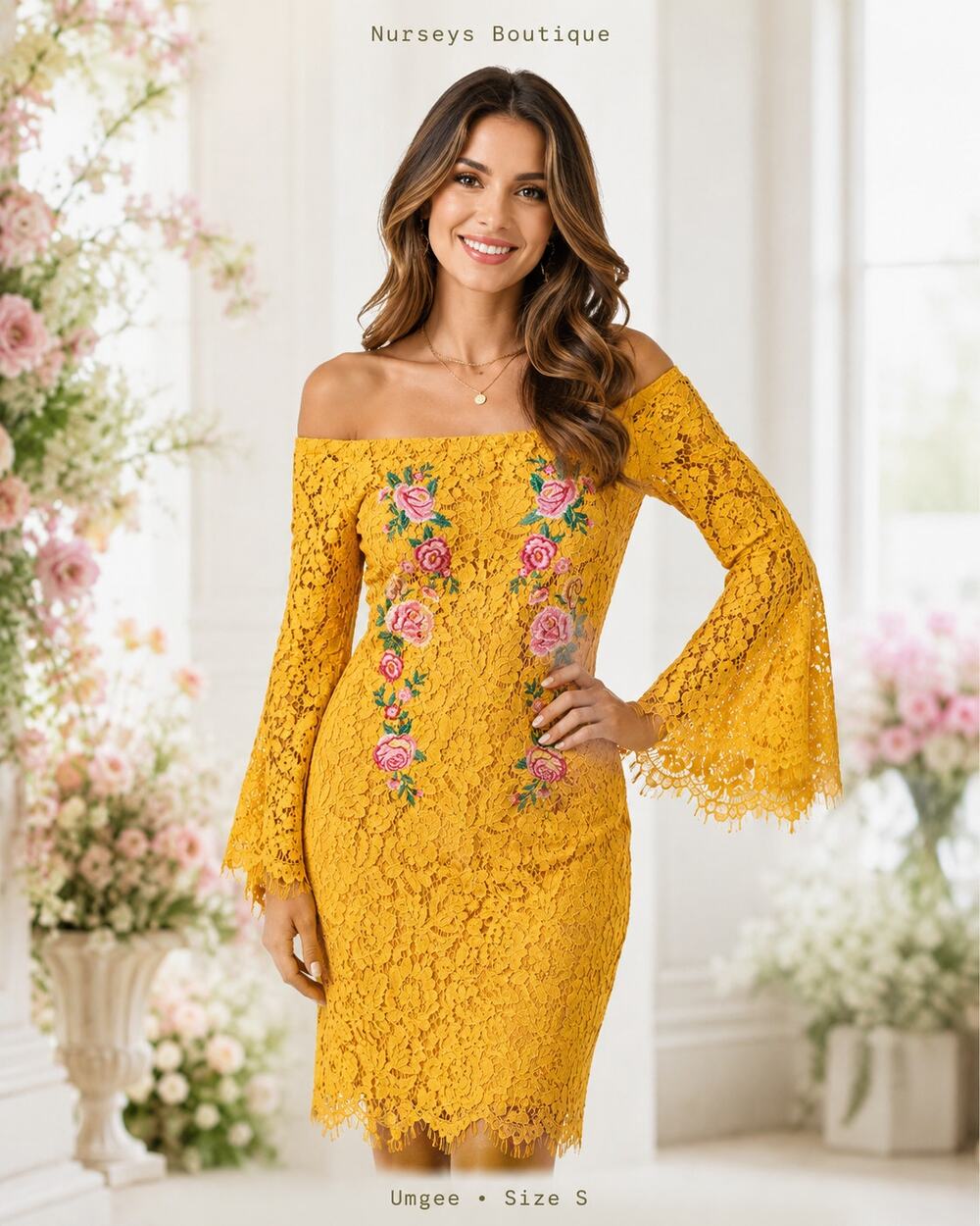 Umgee Yellow Lace Embroidered Off Shoulder Bell Sleeve Dress S